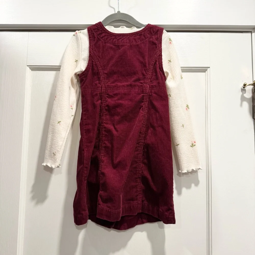 Gap Old Navy Girls Burgundy Corduroy Overall Dress Set XS‎ Jumper Floral Top